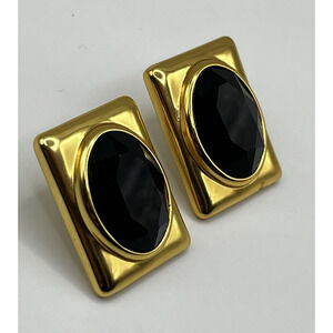 J Crew Black Faceted Glass and Gold Oversized Statement Earrings 1"